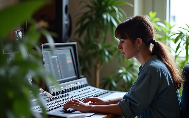 वनस्पति से घिरे एक साउंड इंजीनियर काम करते हुए