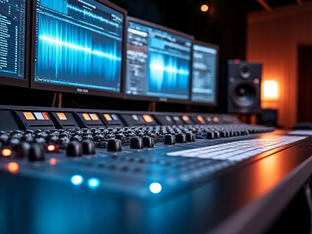 नियंत्रण कक्ष का दृश्य, जिसमें मिक्सिंग कंसोल और मॉनिटर हैं