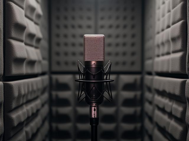 एक पेशेवर माइक्रोफोन के साथ साउंडप्रूफ रिकॉर्डिंग बूथ